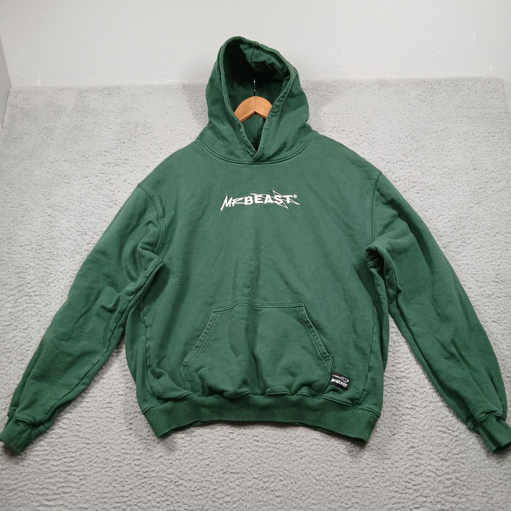 MrBeast Official Green Hoodie Size Large "Sub To Beast"‎ Graphic Sweatshirt